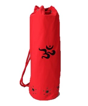 OMSutra Mahashakti yoga mat bag in red showing distressed grommet border detail and OM embroidery