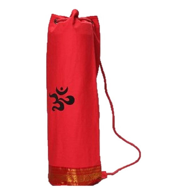 OMSutra Mahayogi yoga mat bag in red with golden floral saree lace border and embroidered OM symbol