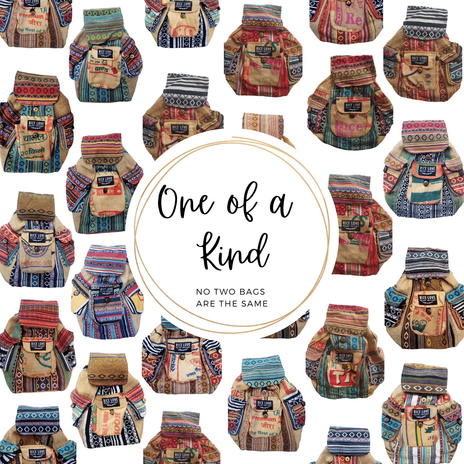 One of a Kind Backpack made from upcycled rice bags, handcrafted in Nepal