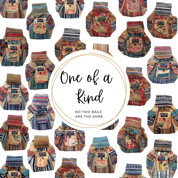 One of a Kind Backpack made from upcycled rice bags, handcrafted in Nepal