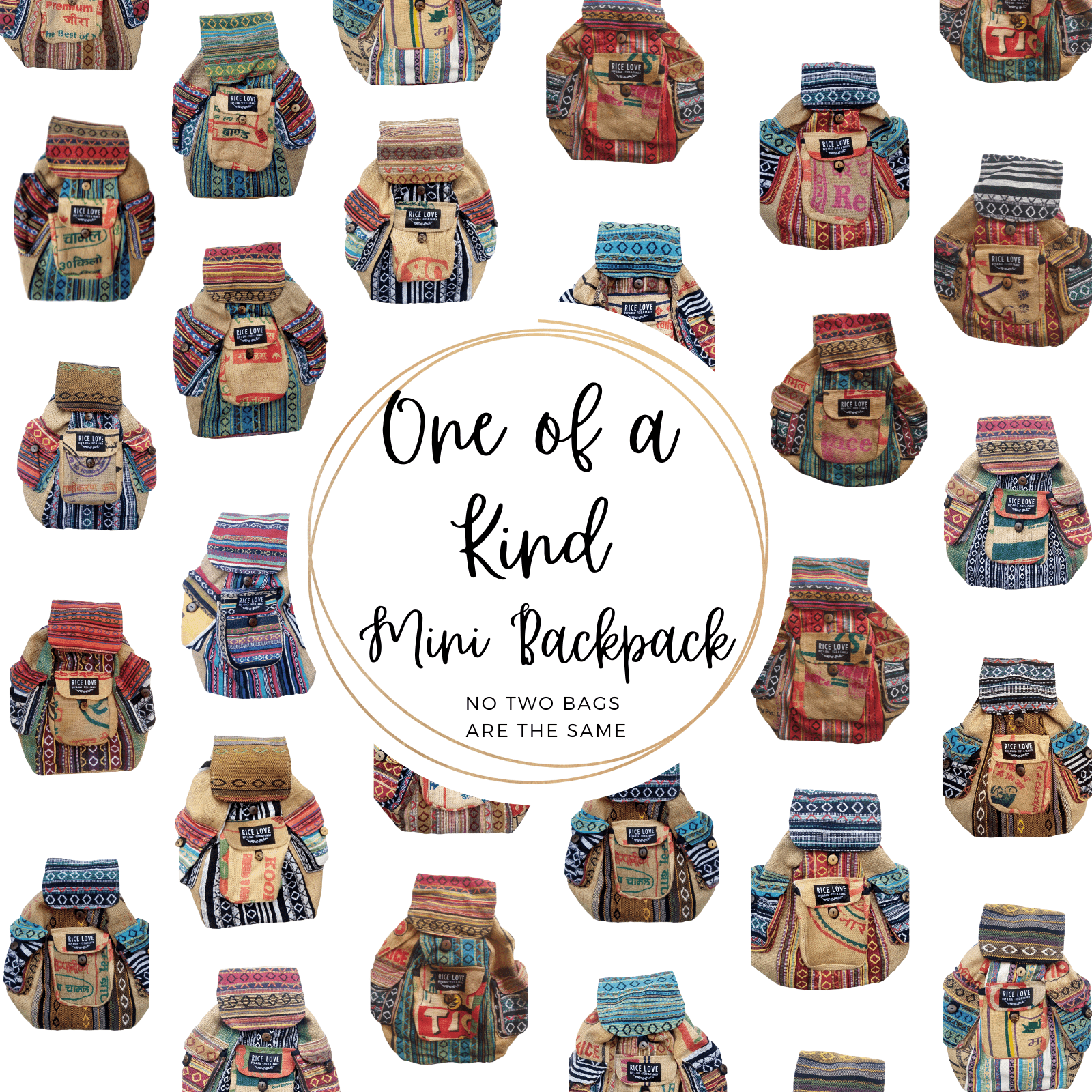 One of a Kind Mini Backpack made from upcycled rice bags