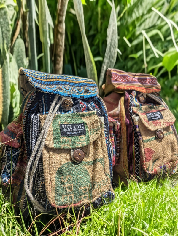 One of a Kind Mini Backpack showing external pockets and adjustable cotton straps