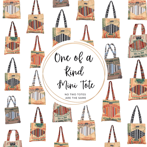 One of a Kind Mini Tote made from upcycled rice bags, handcrafted in Nepal