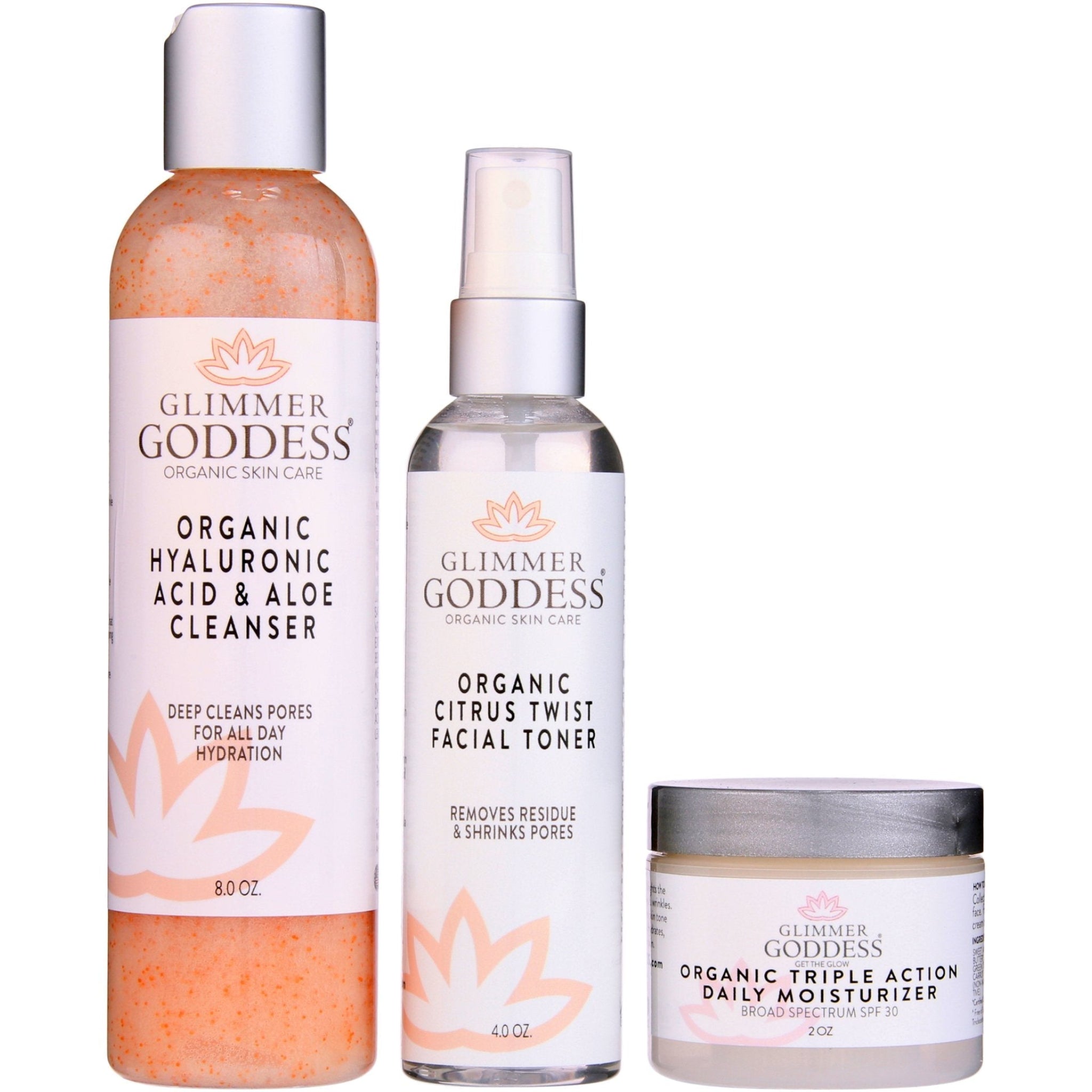 Glimmer Goddess organic 3-step anti-aging skincare set with hyaluronic acid cleanser, citrus toner, and daily moisturizer