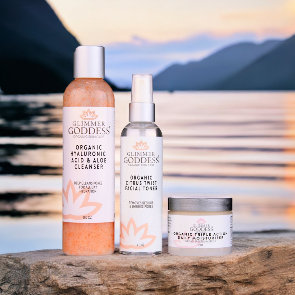 Close-up of Glimmer Goddess 3-step organic skincare kit for fine lines and deep hydration, handcrafted in Texas