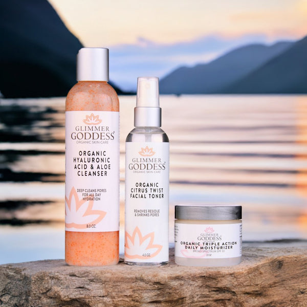Close-up of Glimmer Goddess 3-step organic skincare kit for fine lines and deep hydration, handcrafted in Texas