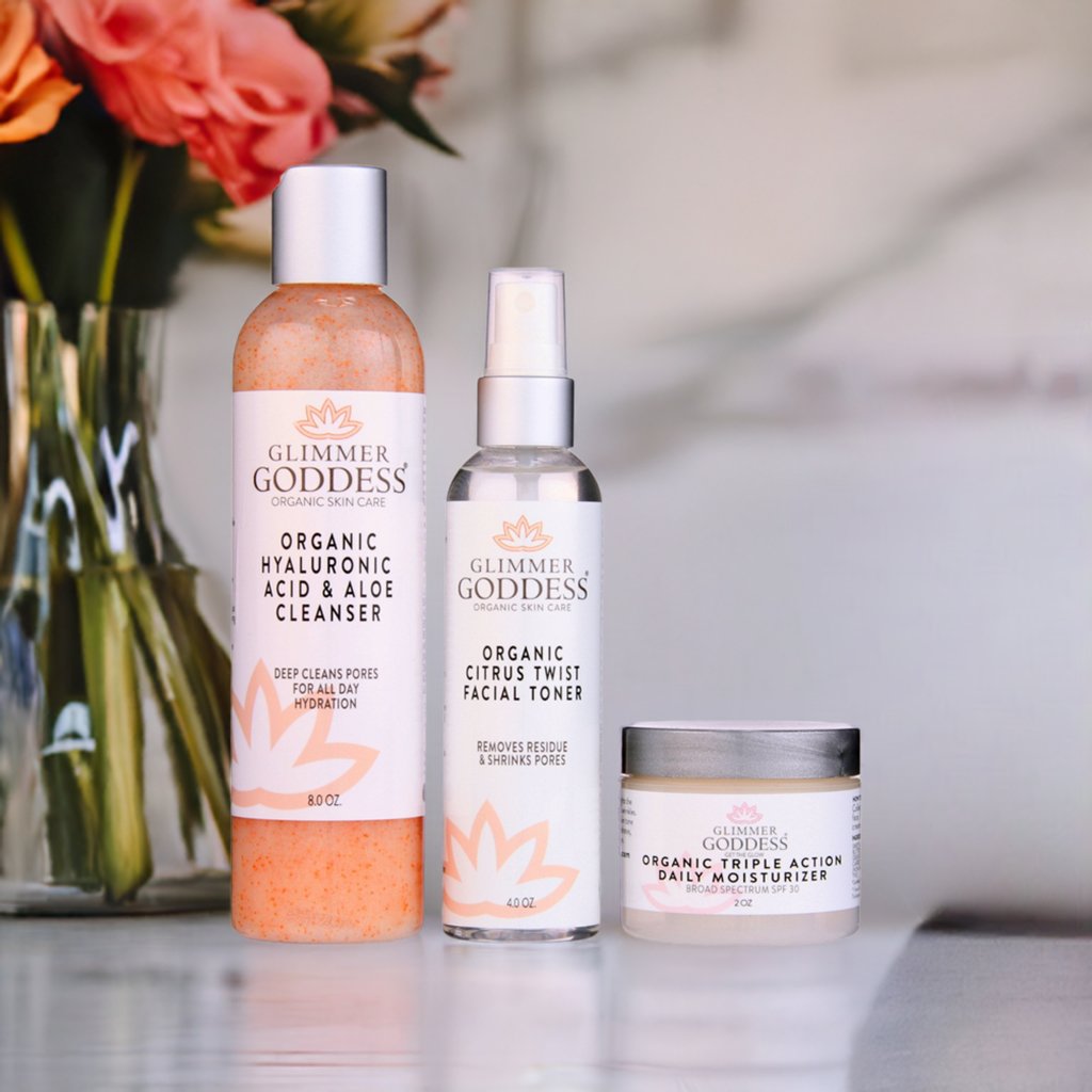 Organic anti-aging skincare routine set — cleanser, toner, and triple action moisturizer by Glimmer Goddess