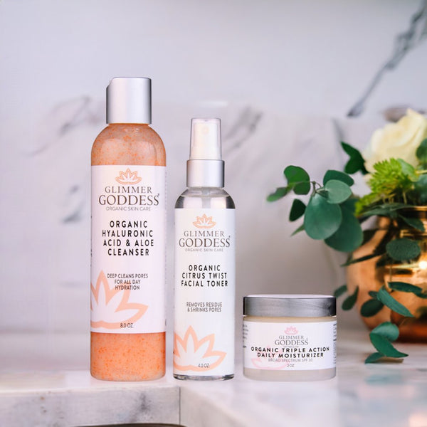 Glimmer Goddess vegan anti-aging face care gift set with certified organic ingredients and peptide moisturizer