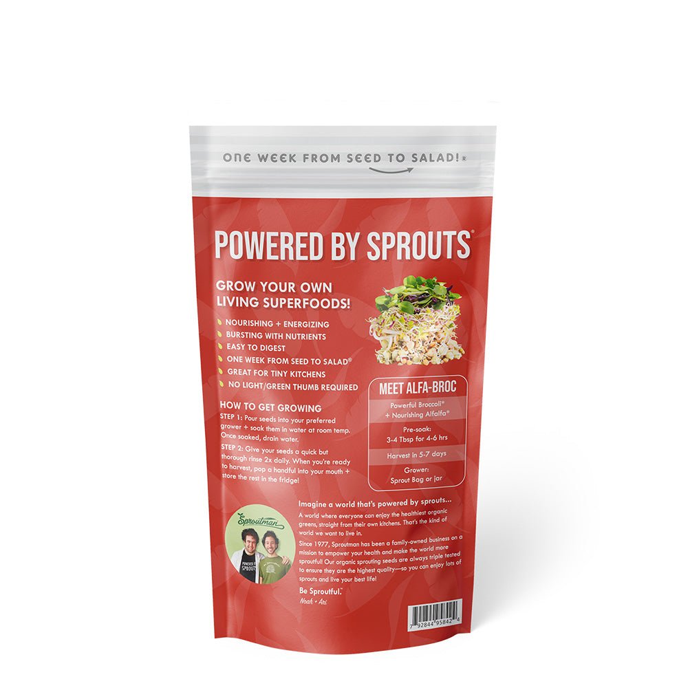 Organic Alfa-Broc Sprouting Seed packaging, alfalfa and broccoli sprouting seed blend