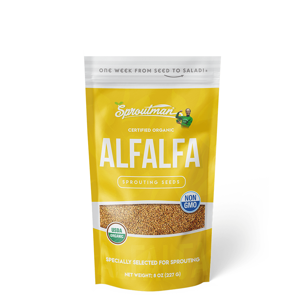 Organic Alfalfa Sprouting Seed from Sproutman, front view of the product