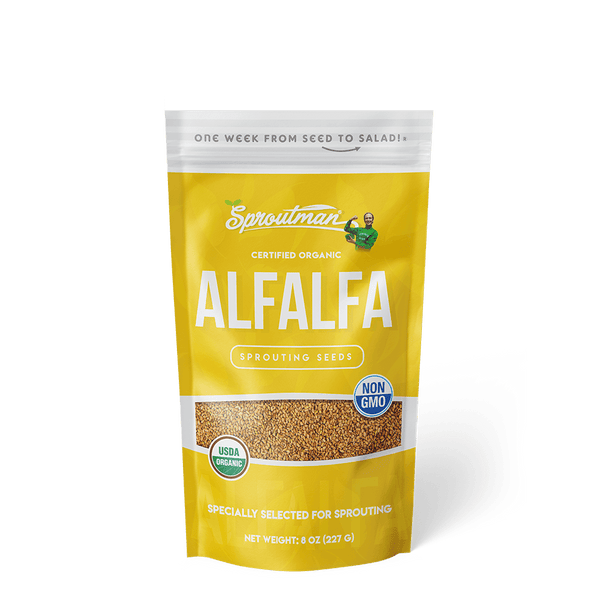 Organic Alfalfa Sprouting Seed from Sproutman, front view of the product