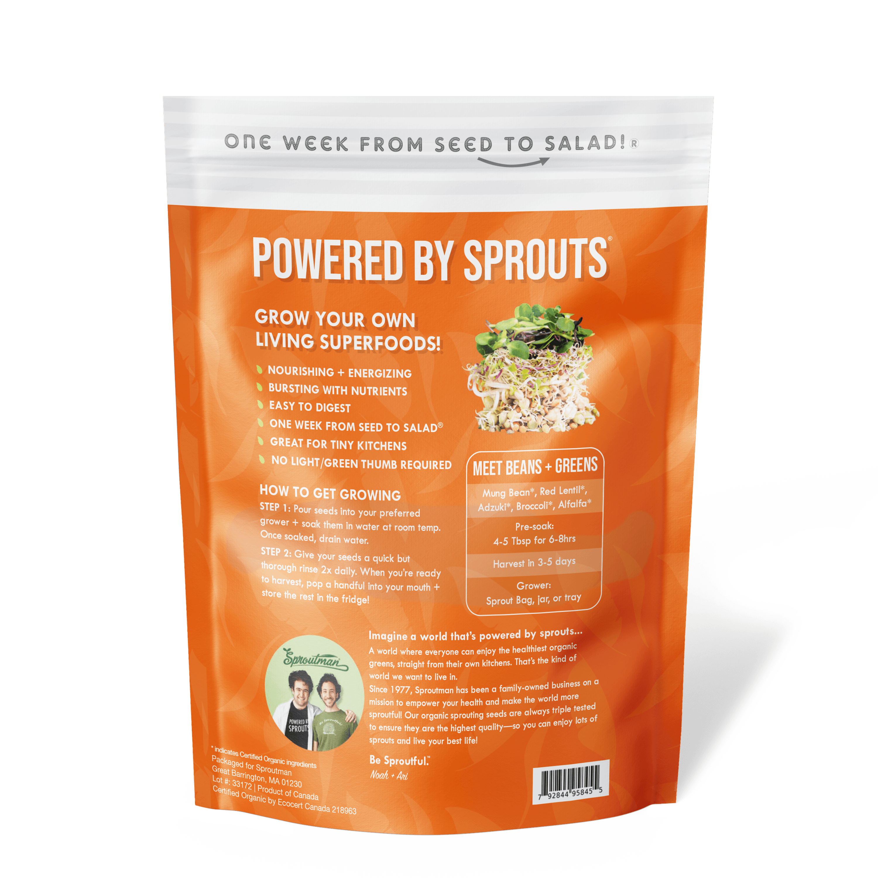 Organic Beans + Greens Sprouting Seed from Sproutman showing the product packaging