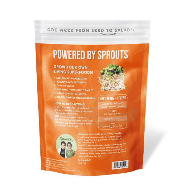 Organic Beans + Greens Sprouting Seed from Sproutman showing the product packaging