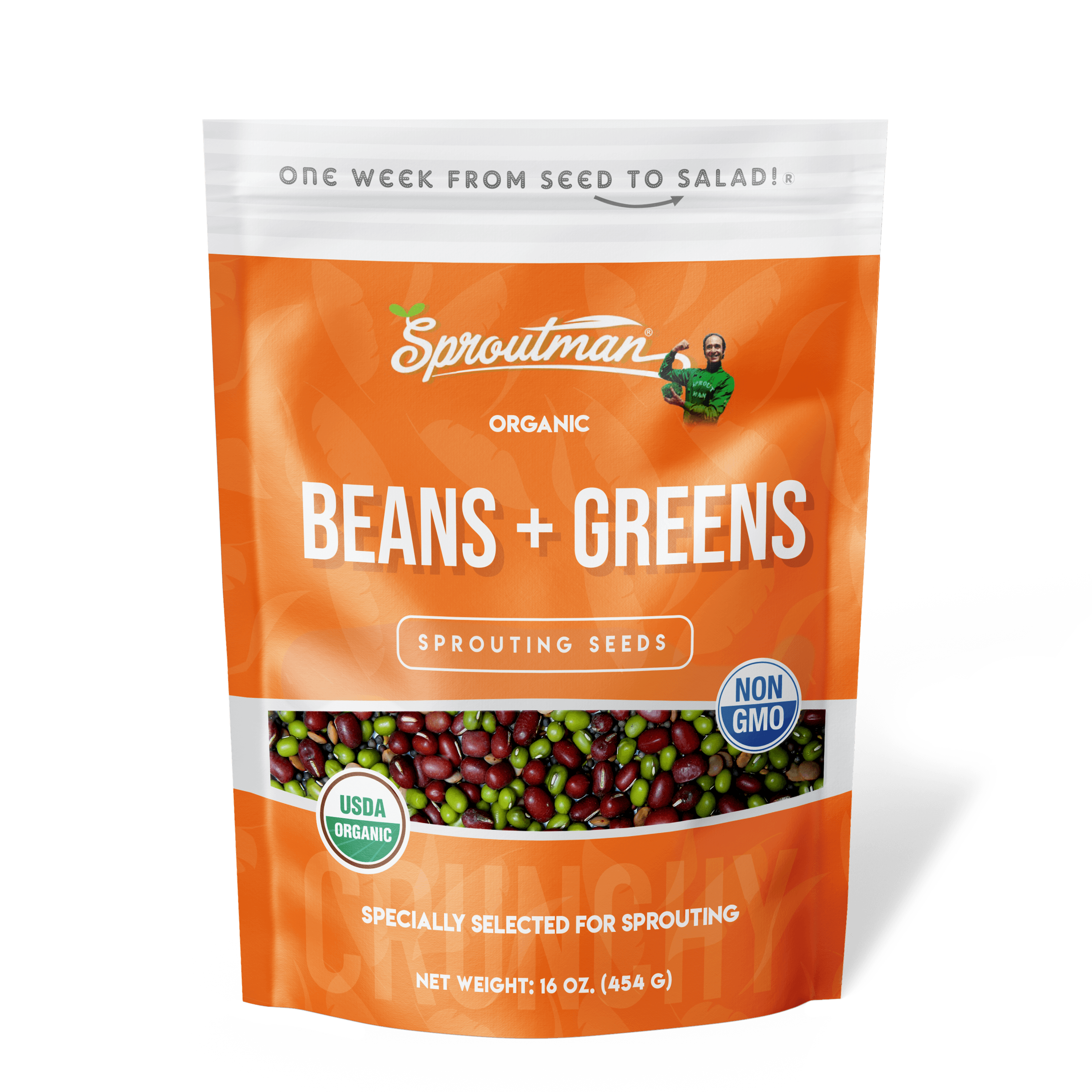 Organic Beans + Greens Sprouting Seed blend by Sproutman, front view of the product
