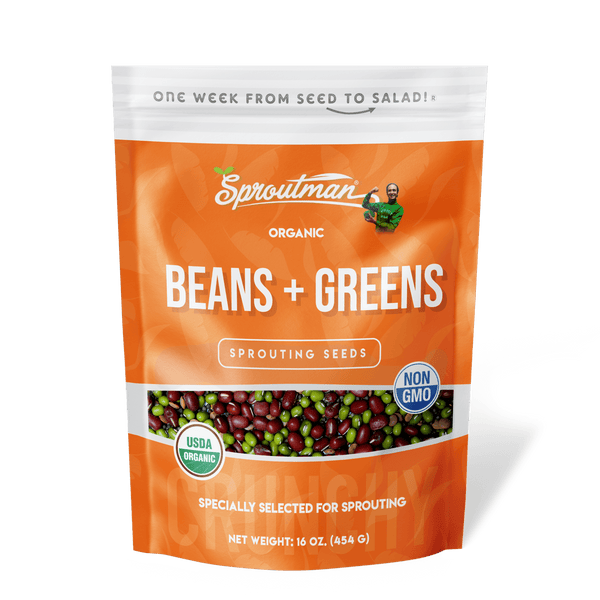 Organic Beans + Greens Sprouting Seed blend by Sproutman, front view of the product
