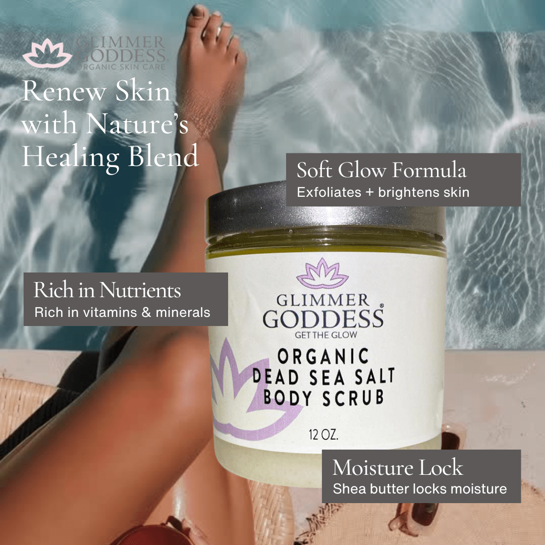 Close-up of Glimmer Goddess organic exfoliating body scrub texture with Shea Butter and Dead Sea Salt