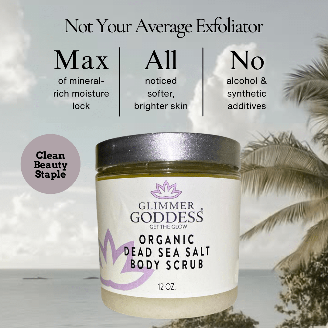 Organic body scrub with Dead Sea Salt and Shea Butter by Glimmer Goddess on a clean white background