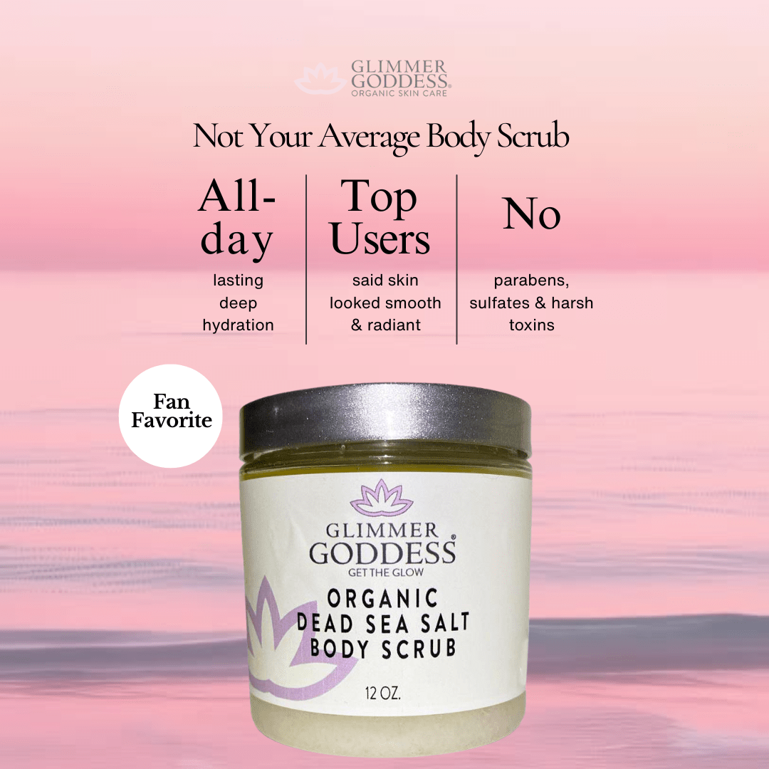 Glimmer Goddess Organic Dead Sea Salt Body Scrub jar on a pink and purple gradient background