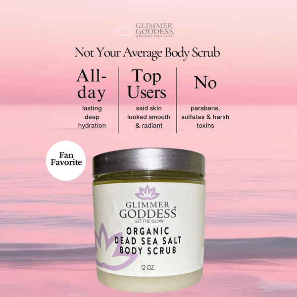 Glimmer Goddess Organic Dead Sea Salt Body Scrub jar on a pink and purple gradient background