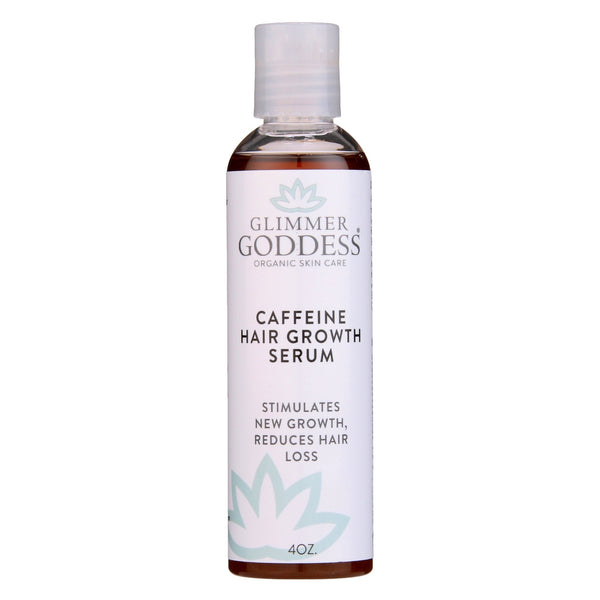 Organic Caffeine Protein Hair Growth Serum by Glimmer Goddess in amber bottle on neutral background