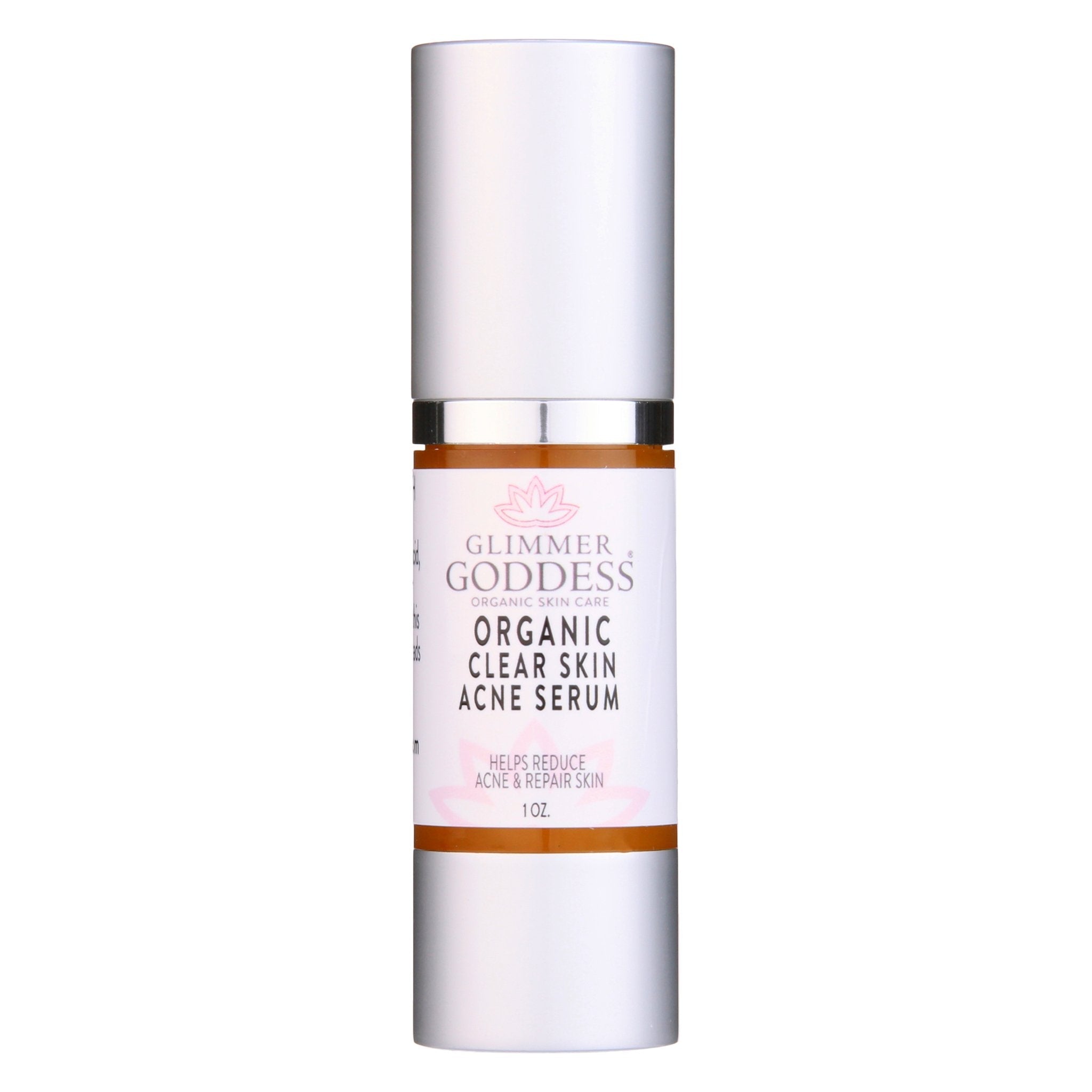 Glimmer Goddess organic acne serum bottle for oil control and pore clearing on clear background
