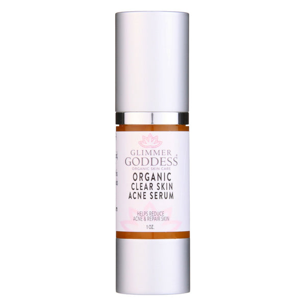 Glimmer Goddess organic acne serum bottle for oil control and pore clearing on clear background