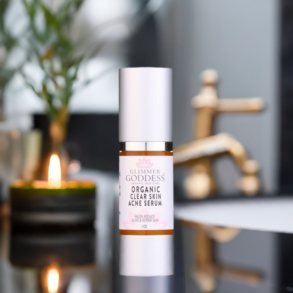 Organic clear skin acne serum by Glimmer Goddess with willow bark and tea tree oil for oily skin