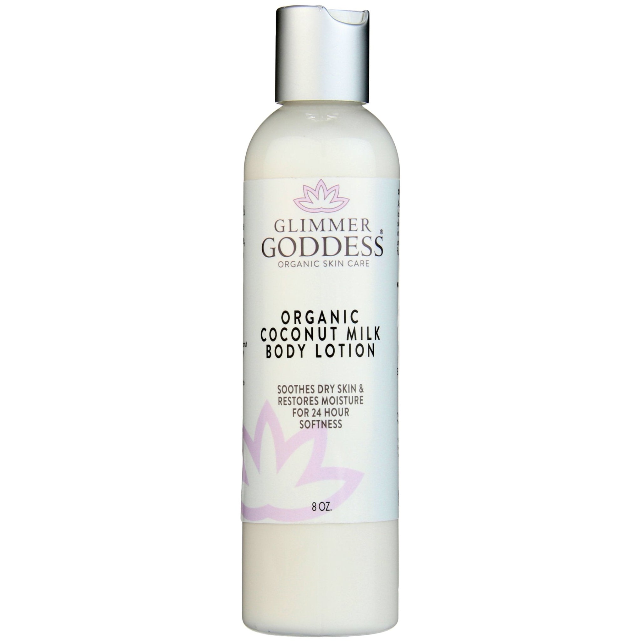 Organic coconut milk body lotion by Glimmer Goddess in a white pump bottle on a clean background