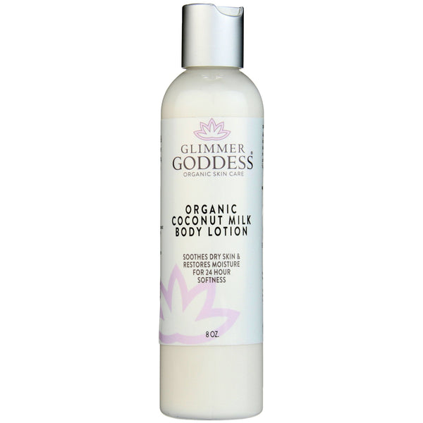 Organic coconut milk body lotion by Glimmer Goddess in a white pump bottle on a clean background