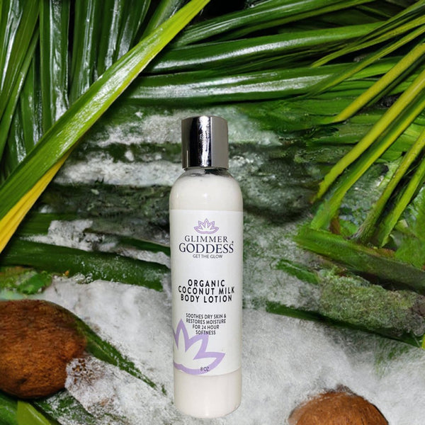 Glimmer Goddess organic body lotion with coconut milk and shea butter for soft, hydrated skin