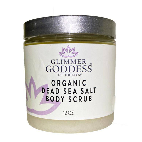 Glimmer Goddess organic coffee body scrub with Dead Sea Salt and Shea Butter in a glass jar