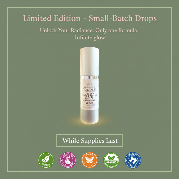 Close-up of Glimmer Goddess copper peptide serum packaging with key anti-aging peptide ingredients listed