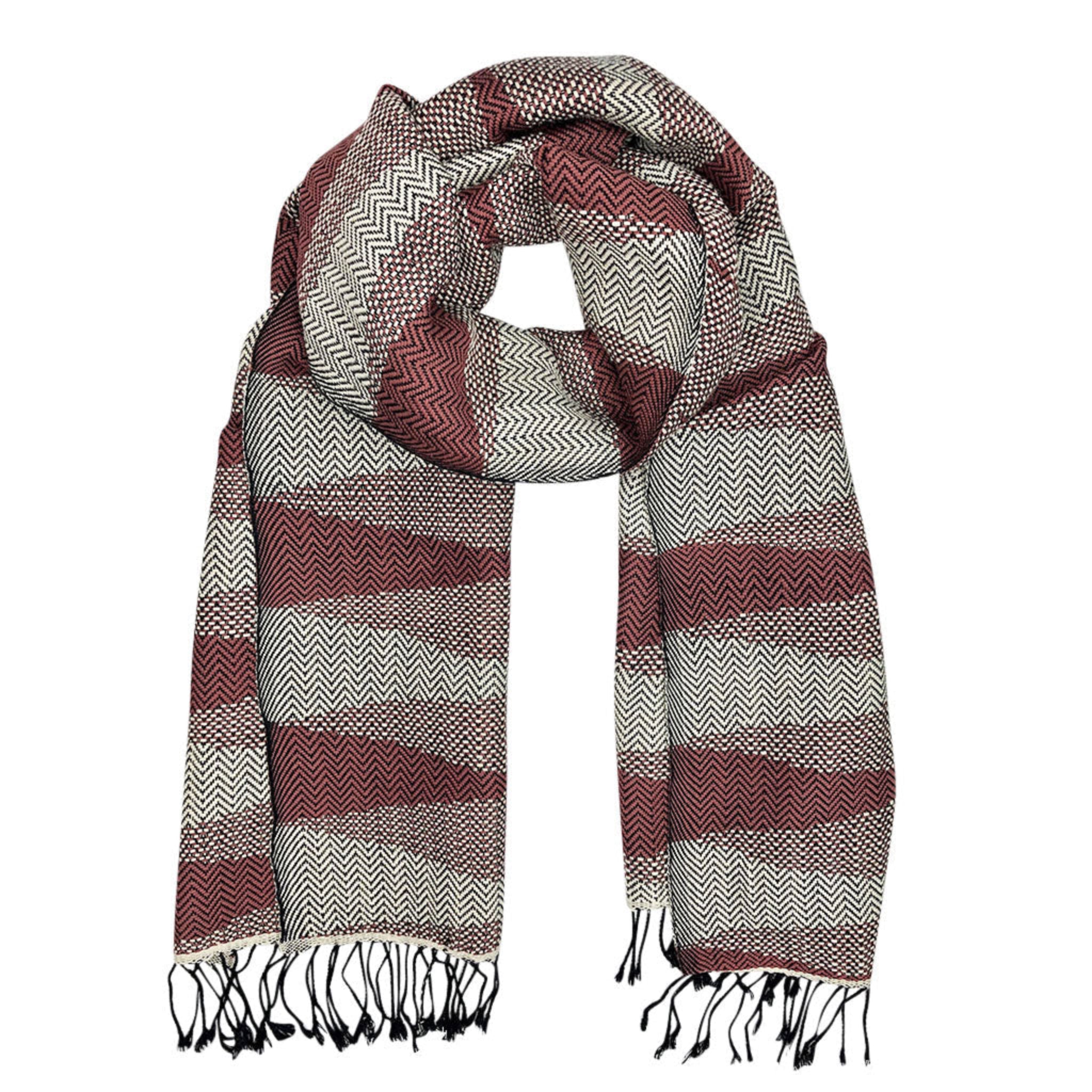 Striped scarf with a pattern of red, white, and black on a white background
