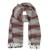 Striped scarf with a pattern of red, white, and black on a white background