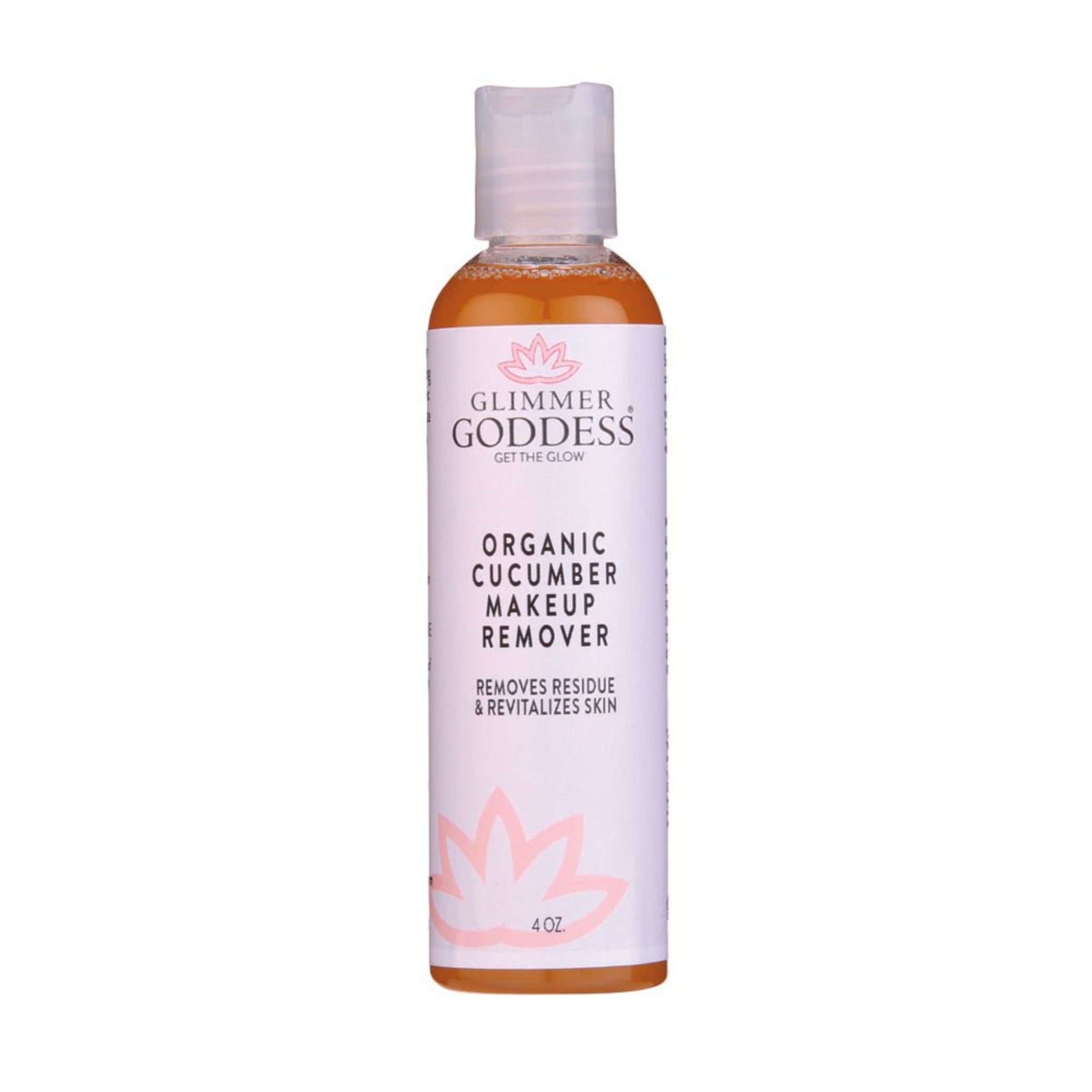 Bottle of Glimmer Goddess Organic Cucumber Makeup Remover on a white background