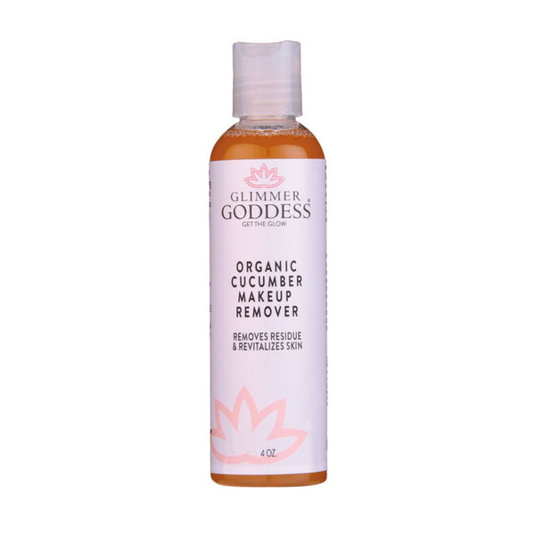 Bottle of Glimmer Goddess Organic Cucumber Makeup Remover on a white background