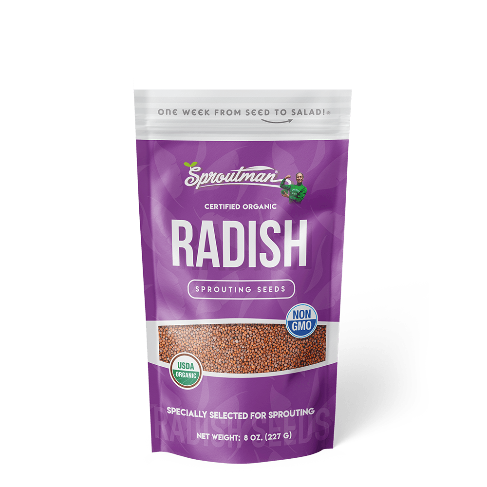 Organic Radish Sprouting Seed from Sproutman, front view of the product