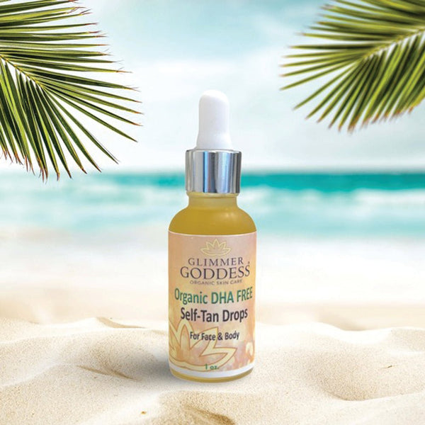Organic DHA-free self-tanning drops for face and body by Glimmer Goddess