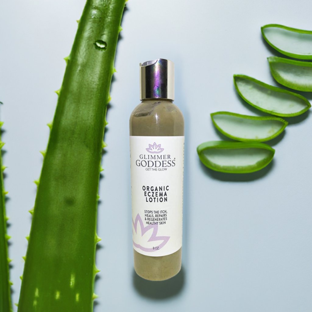 Close-up of Glimmer Goddess eczema lotion texture showing lightweight organic formula
