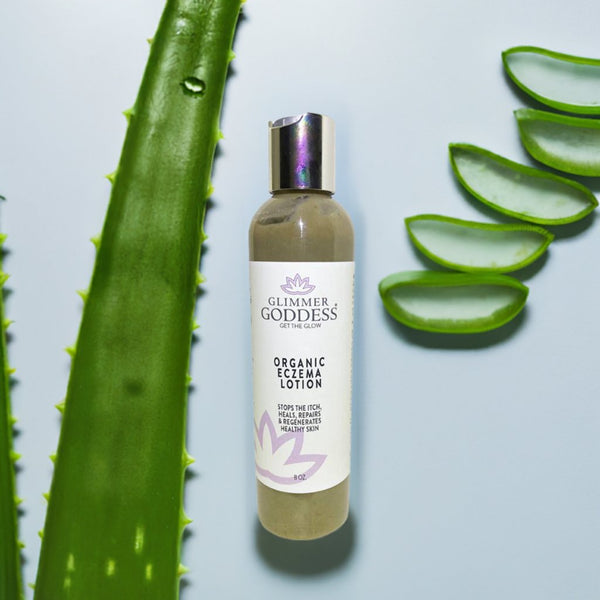 Close-up of Glimmer Goddess eczema lotion texture showing lightweight organic formula