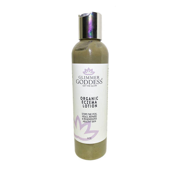Glimmer Goddess organic eczema lotion with French Green Clay and Tamanu Oil for itchy sensitive skin