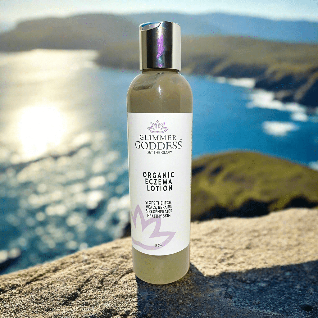 Glimmer Goddess organic eczema lotion ingredients label with plant-based clean skincare certifications