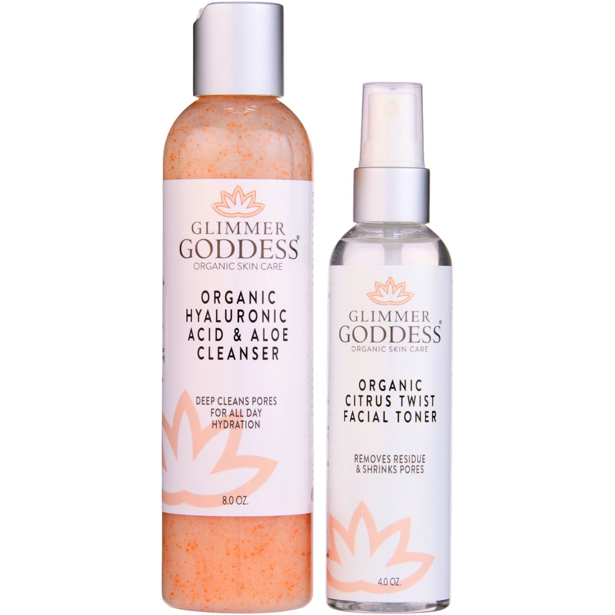 Glimmer Goddess Fresh Start Duo organic hyaluronic acid facial cleanser and rose water toner gift set