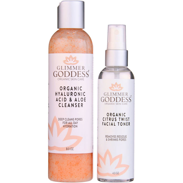 Glimmer Goddess Fresh Start Duo organic hyaluronic acid facial cleanser and rose water toner gift set