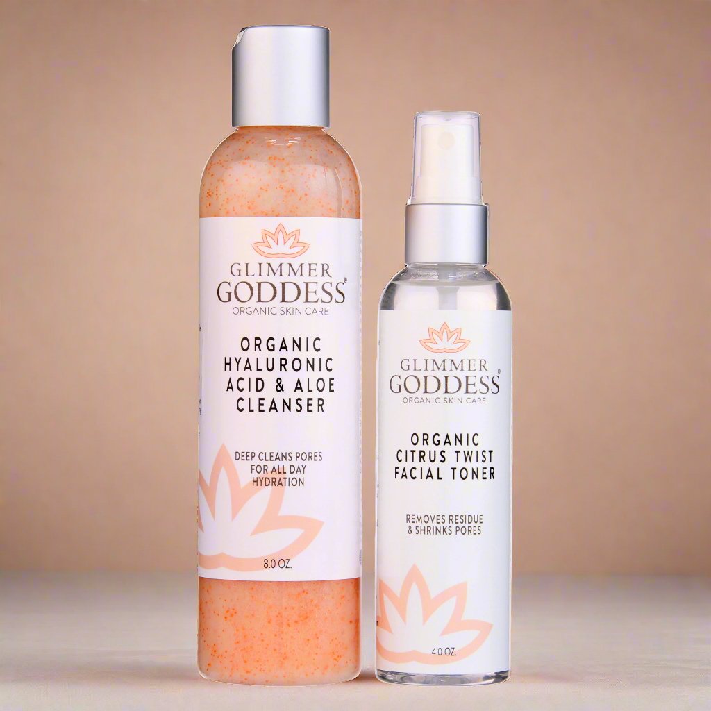 Glimmer Goddess organic hydrating cleanser and toner set for smooth radiant skin