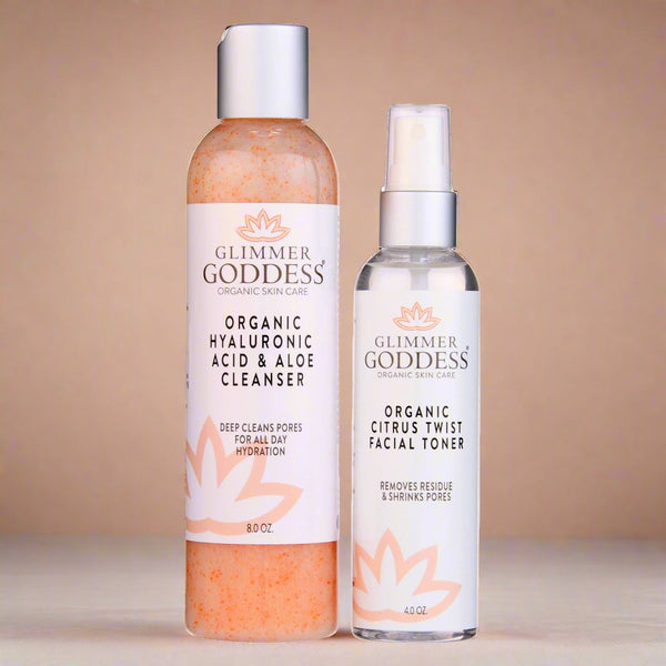 Glimmer Goddess organic hydrating cleanser and toner set for smooth radiant skin
