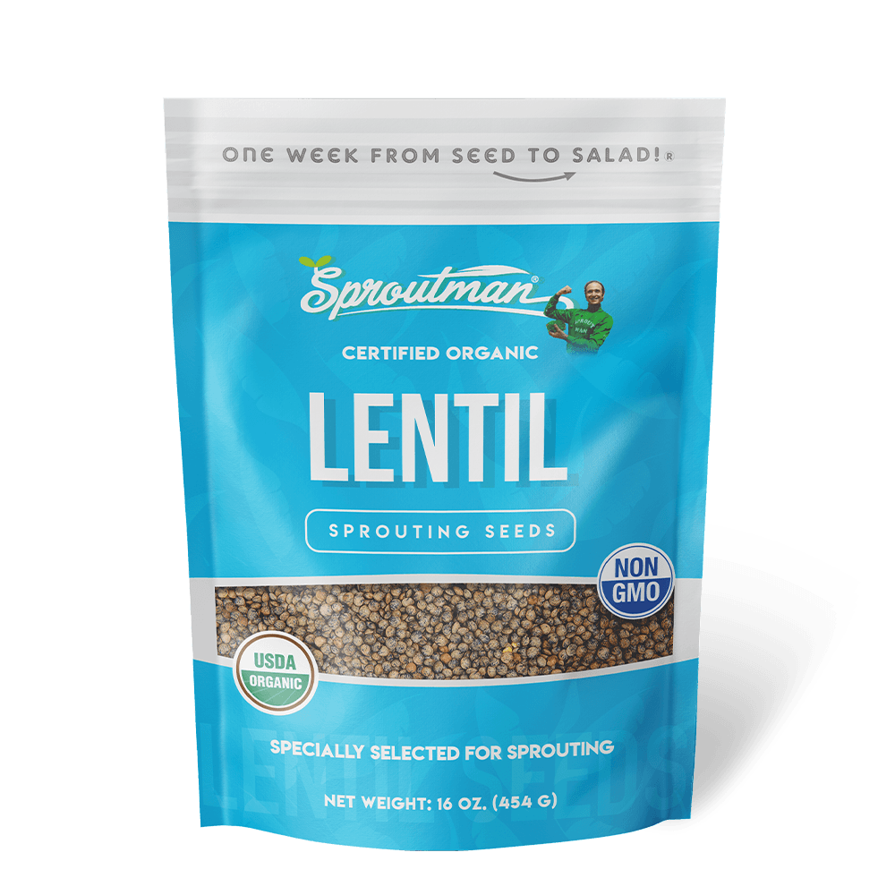 Organic Lentil Sprouting Seed from Sproutman, front view of the product