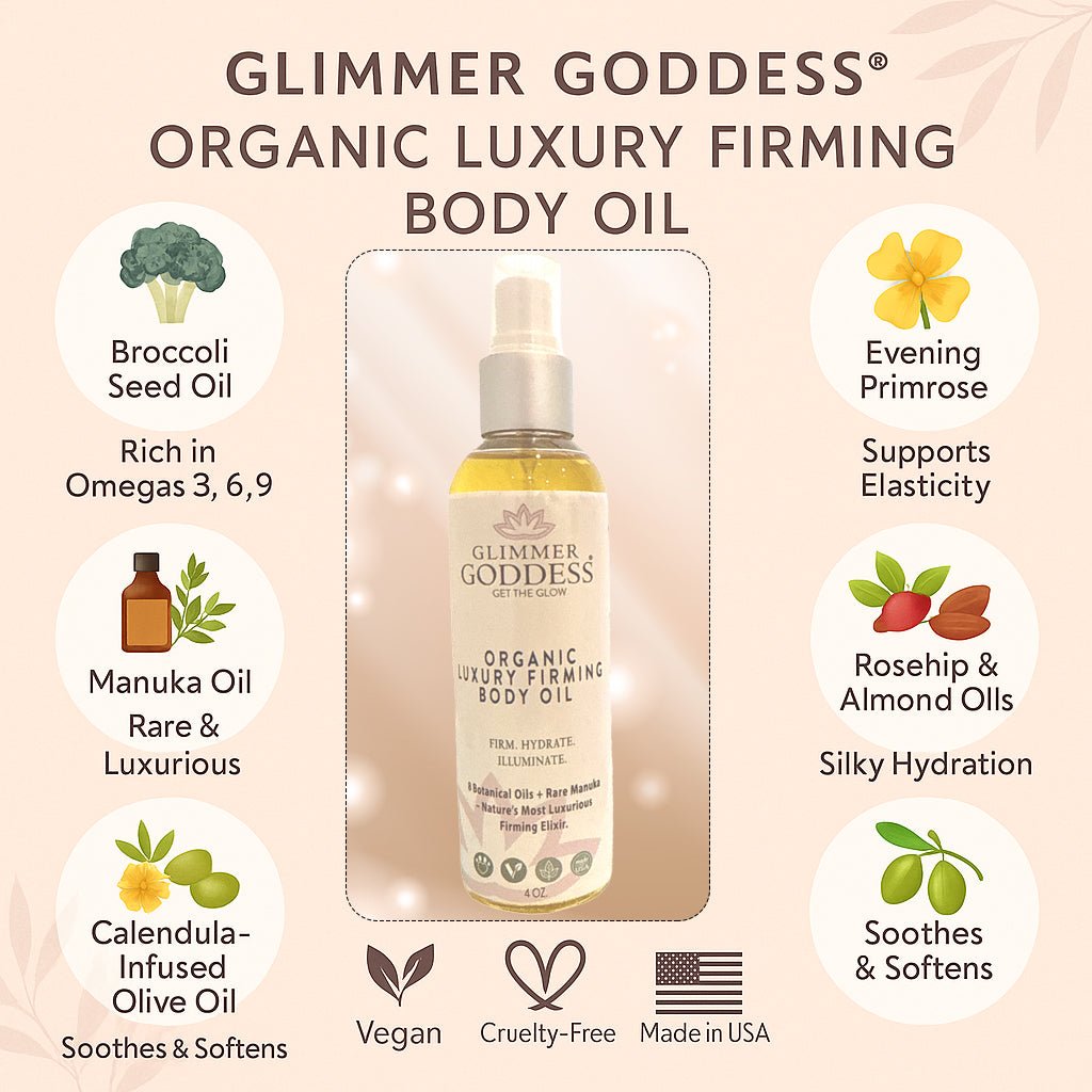 Close-up of Glimmer Goddess firming body oil showing certified organic botanical oil blend for anti-aging skin care