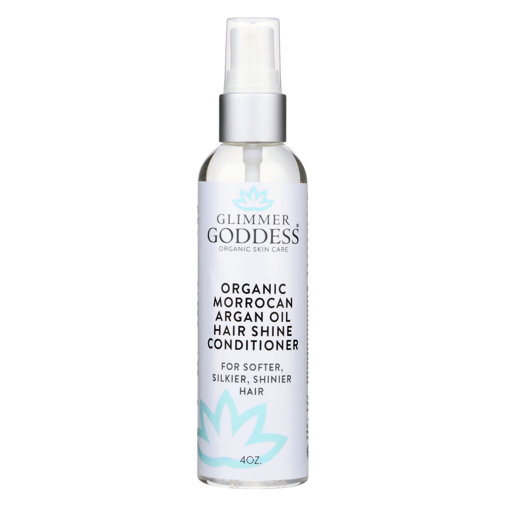 Glimmer Goddess Organic Moroccan Argan Oil Hair Shine Spray bottle for frizz control and glossy finish