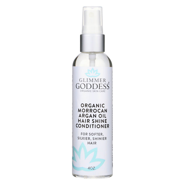 Glimmer Goddess Organic Moroccan Argan Oil Hair Shine Spray bottle for frizz control and glossy finish